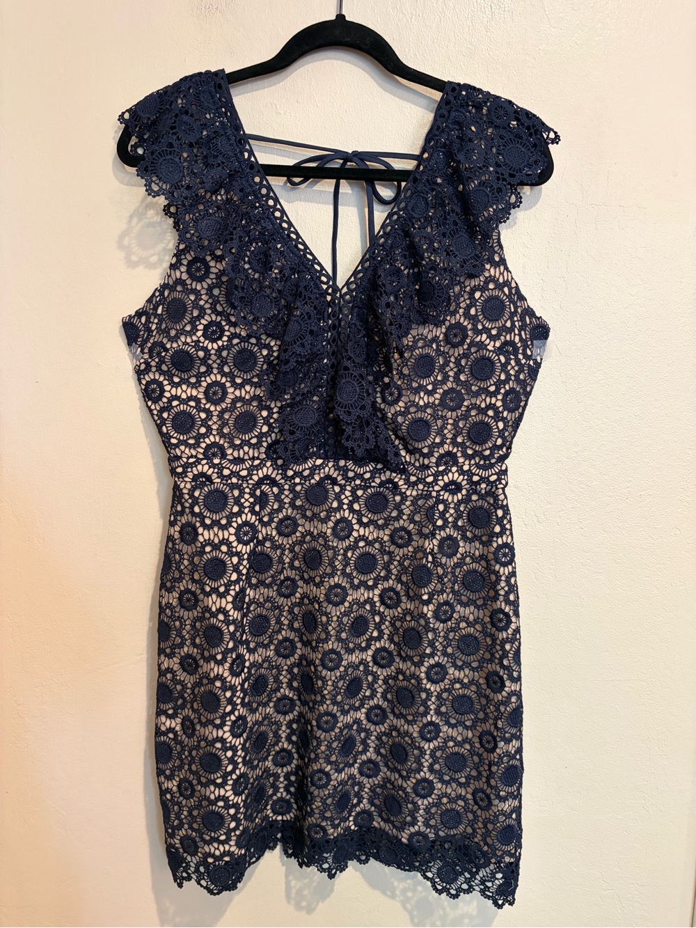 J.O.A. Navy Blue Lace Backless V-Neck Dress w/ Nude Lining & Tied Back, Size L